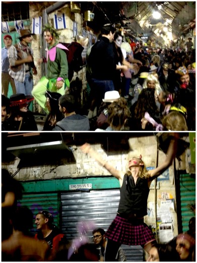 Purim at Machane Yehuda. This is where I buy my vegetables.